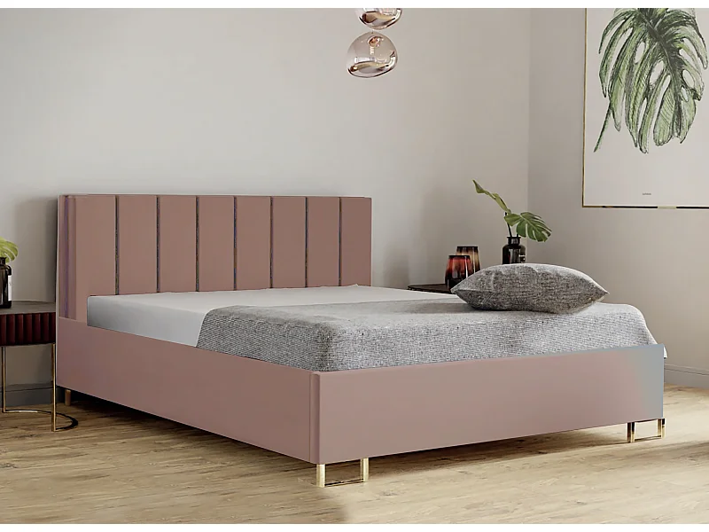 Lit MALIBU, tête de lit rembourrée, revêtement MONOLITH haut de gamme, coffre avec vérins à gaz, hauteur confort 39 cm, 120x200 cm, Rose poudré
