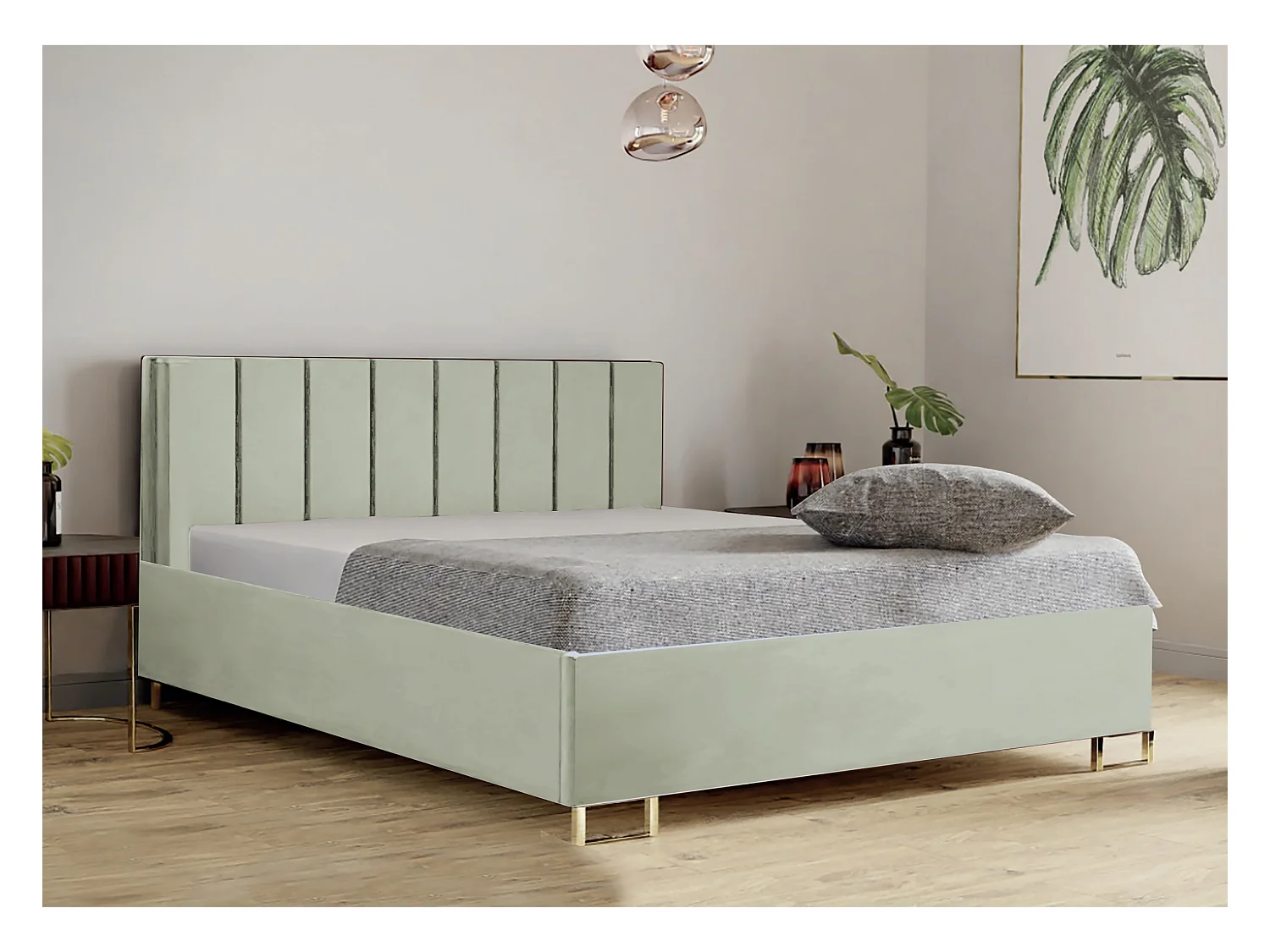 Lit MALIBU, tête de lit rembourrée, revêtement MONOLITH haut de gamme, coffre avec vérins à gaz, hauteur confort 39 cm, 120x200 cm, Vert clair