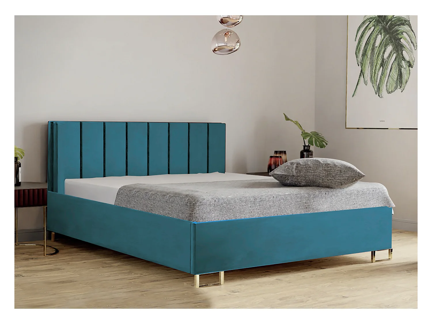 Lit MALIBU, tête de lit rembourrée, revêtement MONOLITH haut de gamme, coffre avec vérins à gaz, hauteur confort 39 cm, 120x200 cm, Marron clair