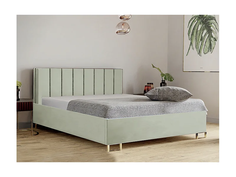 Polsterbett MALIBU 140x200 Beige, MONOLITH-Stoff, gepolstertes Kopfteil, Bettkasten mit Gasdruckfeder, 39 cm hoch, Hellgrün