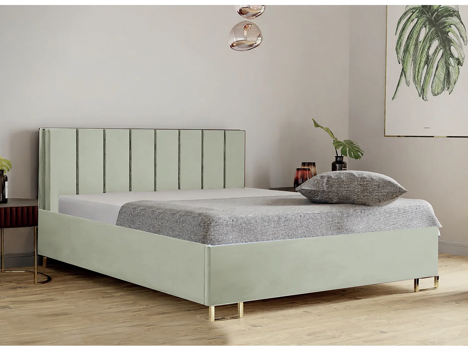 Lit MALIBU, tête de lit rembourrée, revêtement MONOLITH haut de gamme, coffre avec vérins à gaz, hauteur confort 39 cm, 140x200 cm, Vert clair