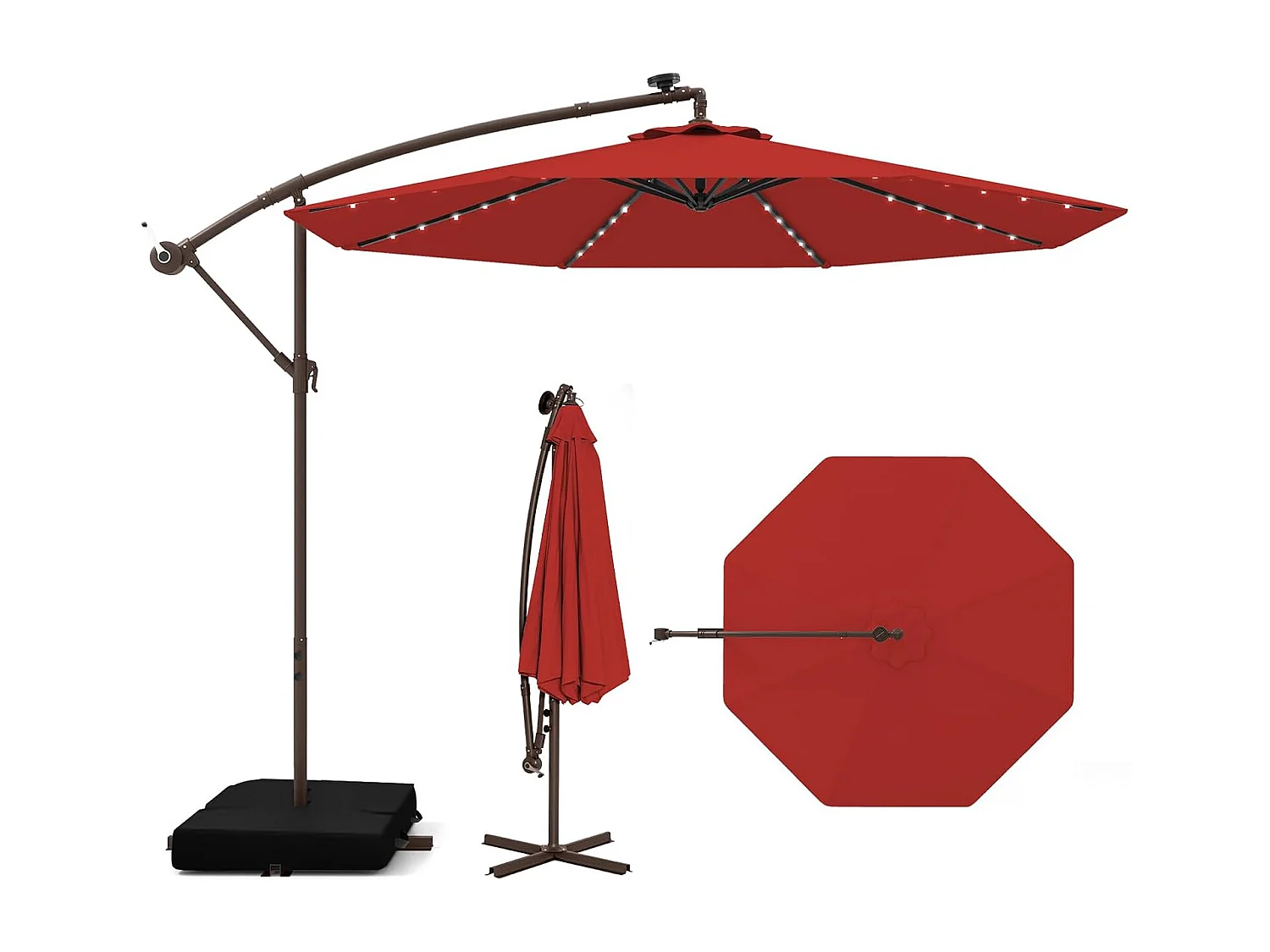 3 x 3M Cantilever Parasol voor Buiten, Grote Solar Verlichte Tuinparasol met 2 Zandzakken, Kruisvoet, Kantelbare Parasol met Zwengel (Rood)