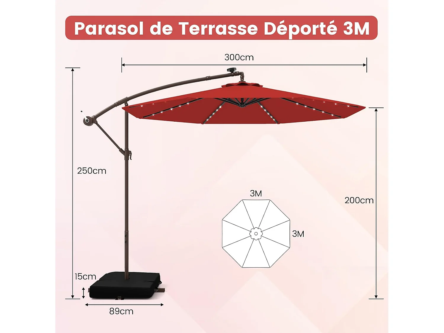 3 x 3M Cantilever Parasol voor Buiten, Grote Solar Verlichte Tuinparasol met 2 Zandzakken, Kruisvoet, Kantelbare Parasol met Zwengel (Rood)