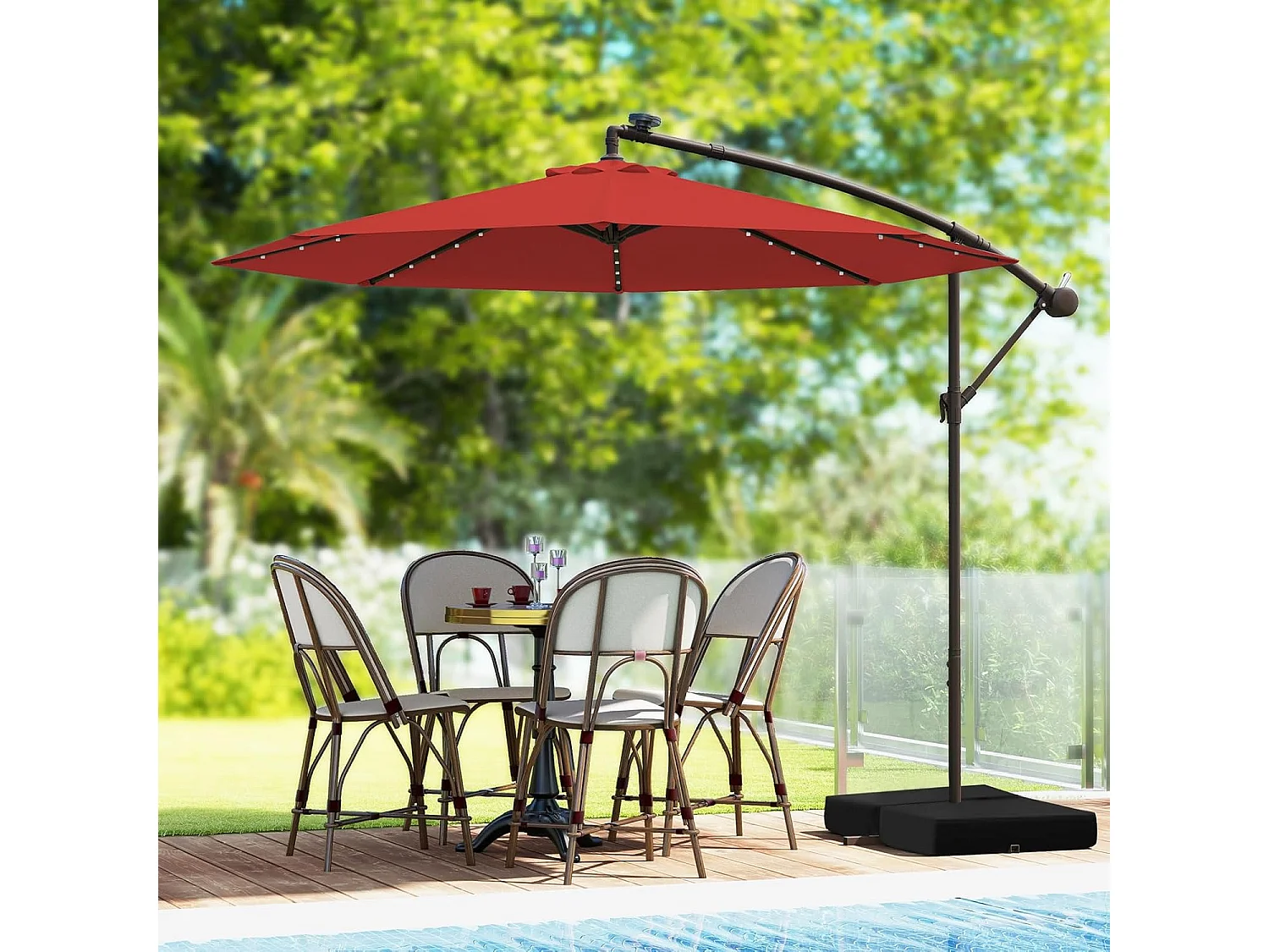 Parasol Extérieur Déporté 3 x 3M, Grand Parasol de Jardin Lumineux Solaire avec 2 Sacs de Sable, Base Croisée, Parasol Inclinable avec Manivelle (Rouge)