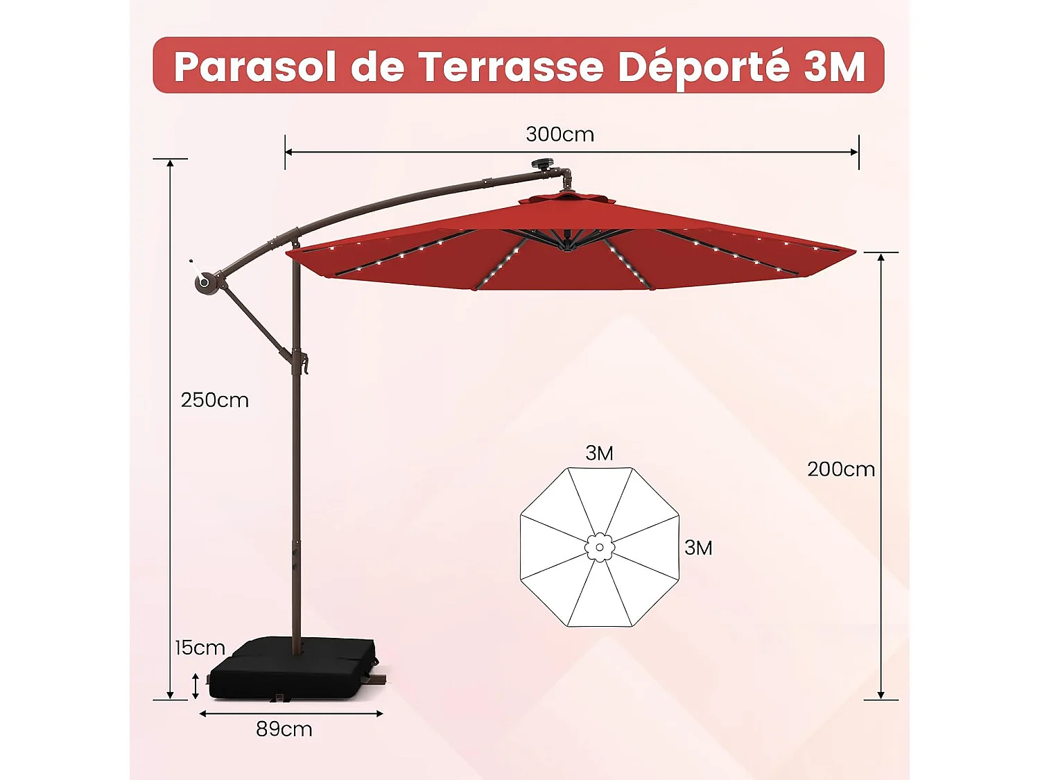 Parasol Extérieur Déporté 3 x 3M, Grand Parasol de Jardin Lumineux Solaire avec 2 Sacs de Sable, Base Croisée, Parasol Inclinable avec Manivelle (Rouge)