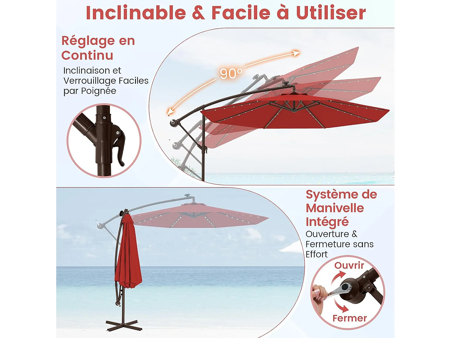 Parasol Extérieur Déporté 3 x 3M, Grand Parasol de Jardin Lumineux Solaire avec 2 Sacs de Sable, Base Croisée, Parasol Inclinable avec Manivelle (Rouge)