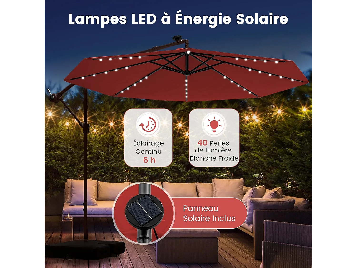 Parasol Extérieur Déporté 3 x 3M, Grand Parasol de Jardin Lumineux Solaire avec 2 Sacs de Sable, Base Croisée, Parasol Inclinable avec Manivelle (Rouge)