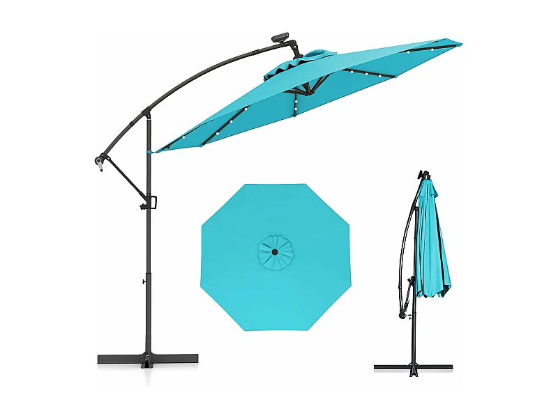 3M Offset Cantilever Parasol, 32 LED Solar Lampen, Kantelbaar en 360° Roteerbaar, 8 Baleinen, Kruisvoet, Zwengel Parasol voor Tuin, Terras, Zwembad (Turquoise)