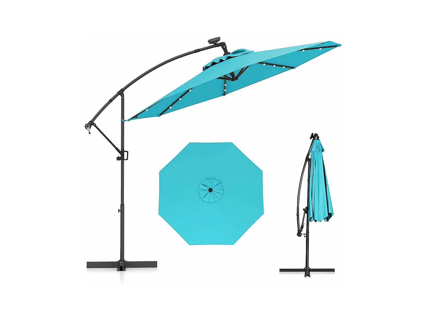 Parasol Déporté Excentré 3M, 32 LED Solaire, Inclinable et Rotation à 360°, 8 Baleines, Base Croisée, Parasol à Manivelle pour Jardin, Terrasse, Piscine (Turquoise)