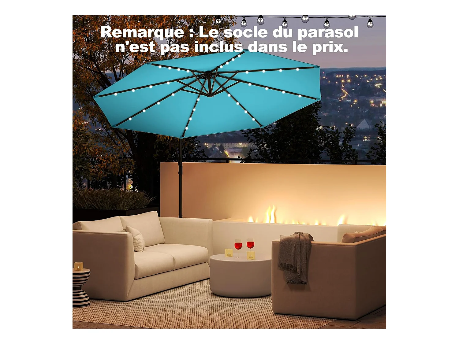 Parasol Déporté Excentré 3M, 32 LED Solaire, Inclinable et Rotation à 360°, 8 Baleines, Base Croisée, Parasol à Manivelle pour Jardin, Terrasse, Piscine (Turquoise)