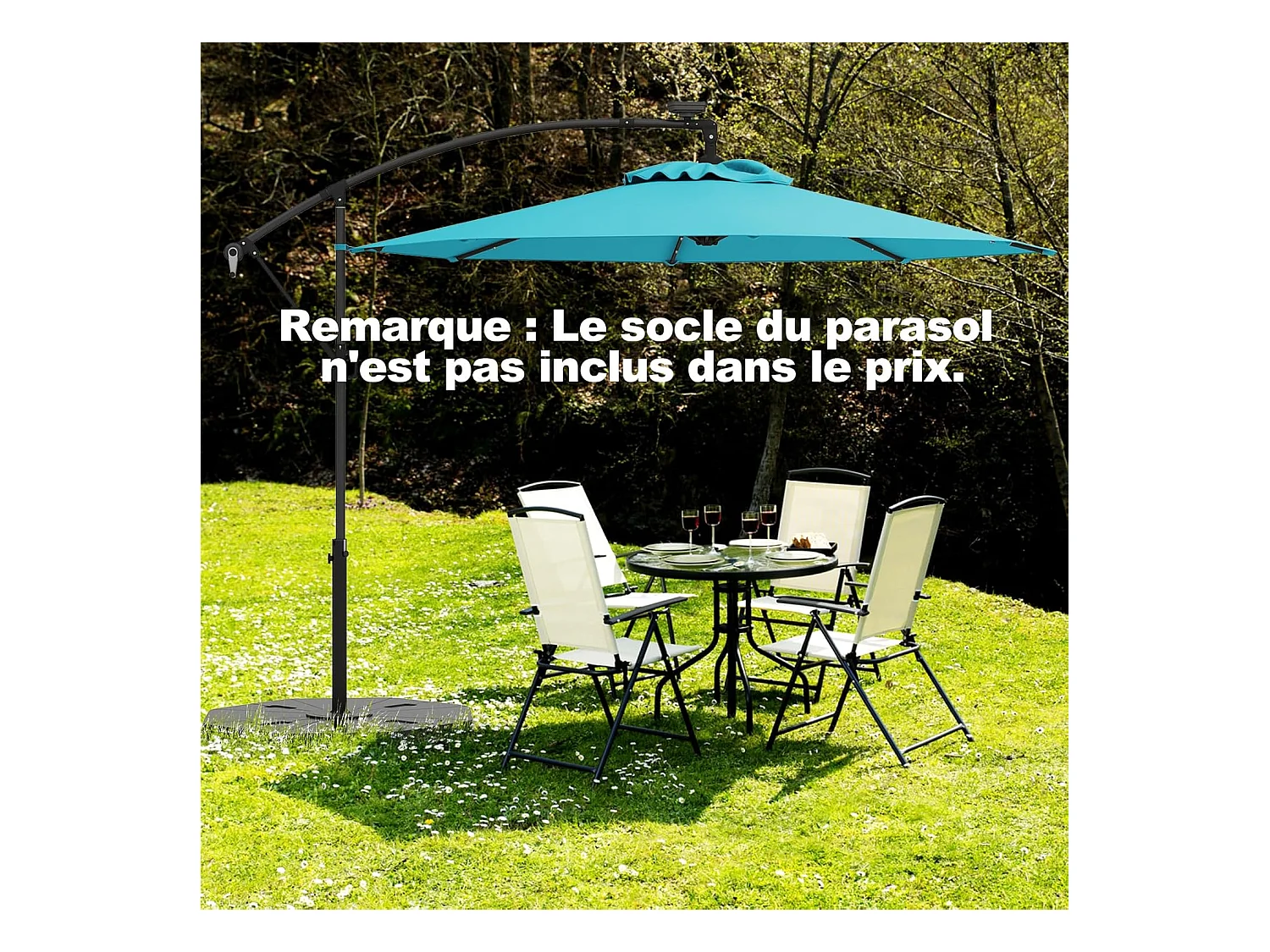 Parasol Déporté Excentré 3M, 32 LED Solaire, Inclinable et Rotation à 360°, 8 Baleines, Base Croisée, Parasol à Manivelle pour Jardin, Terrasse, Piscine (Turquoise)
