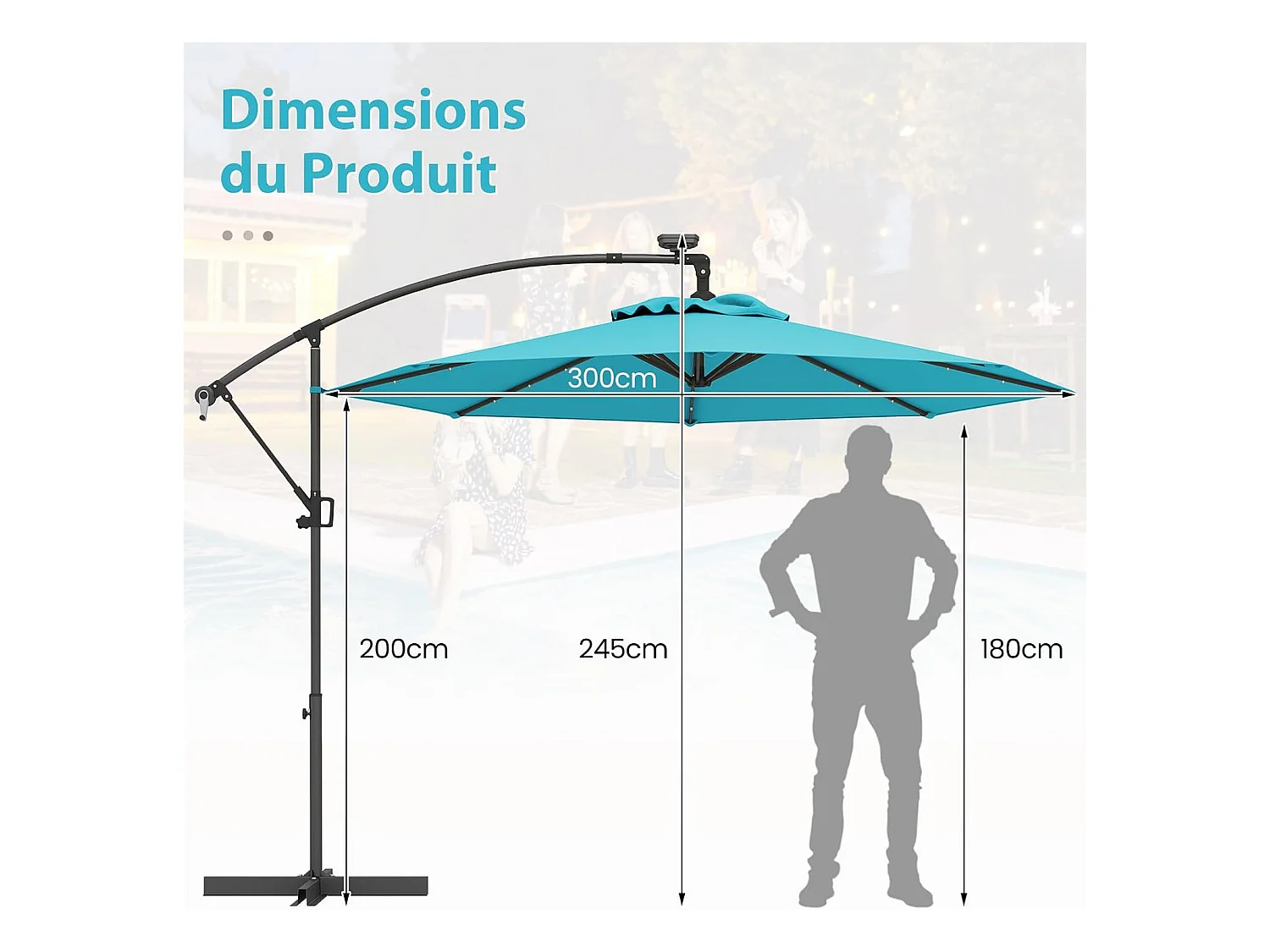 Parasol Déporté Excentré 3M, 32 LED Solaire, Inclinable et Rotation à 360°, 8 Baleines, Base Croisée, Parasol à Manivelle pour Jardin, Terrasse, Piscine (Turquoise)