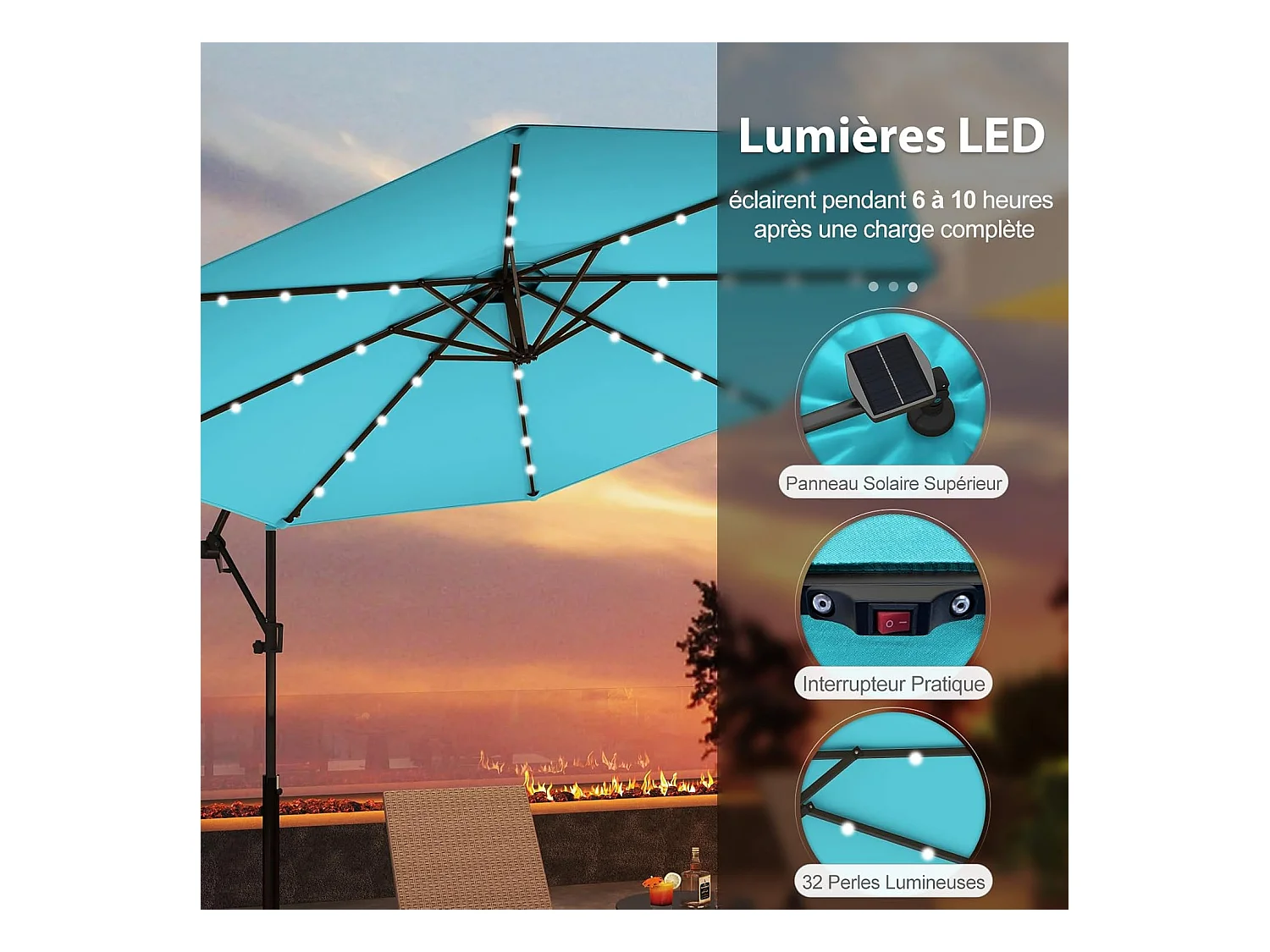 Parasol Déporté Excentré 3M, 32 LED Solaire, Inclinable et Rotation à 360°, 8 Baleines, Base Croisée, Parasol à Manivelle pour Jardin, Terrasse, Piscine (Turquoise)