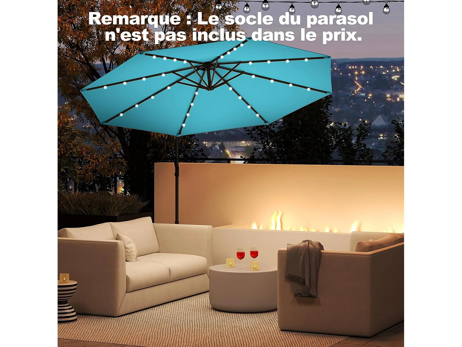 Parasol Déporté Excentré 3M, 32 LED Solaire, Inclinable et Rotation à 360°, 8 Baleines, Base Croisée, Parasol à Manivelle pour Jardin, Terrasse, Piscine (Turquoise)