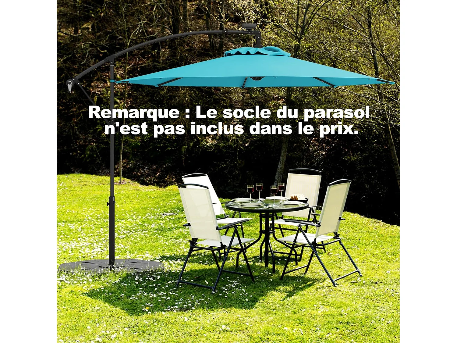 Parasol Déporté Excentré 3M, 32 LED Solaire, Inclinable et Rotation à 360°, 8 Baleines, Base Croisée, Parasol à Manivelle pour Jardin, Terrasse, Piscine (Turquoise)