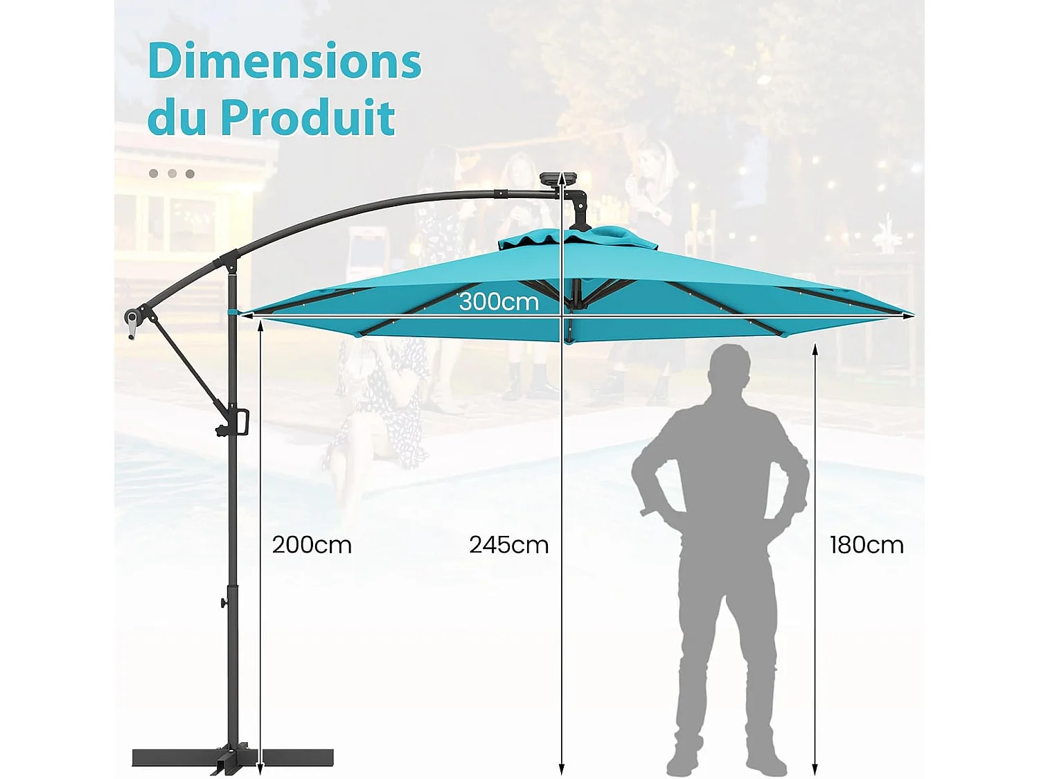 Parasol Déporté Excentré 3M, 32 LED Solaire, Inclinable et Rotation à 360°, 8 Baleines, Base Croisée, Parasol à Manivelle pour Jardin, Terrasse, Piscine (Turquoise)