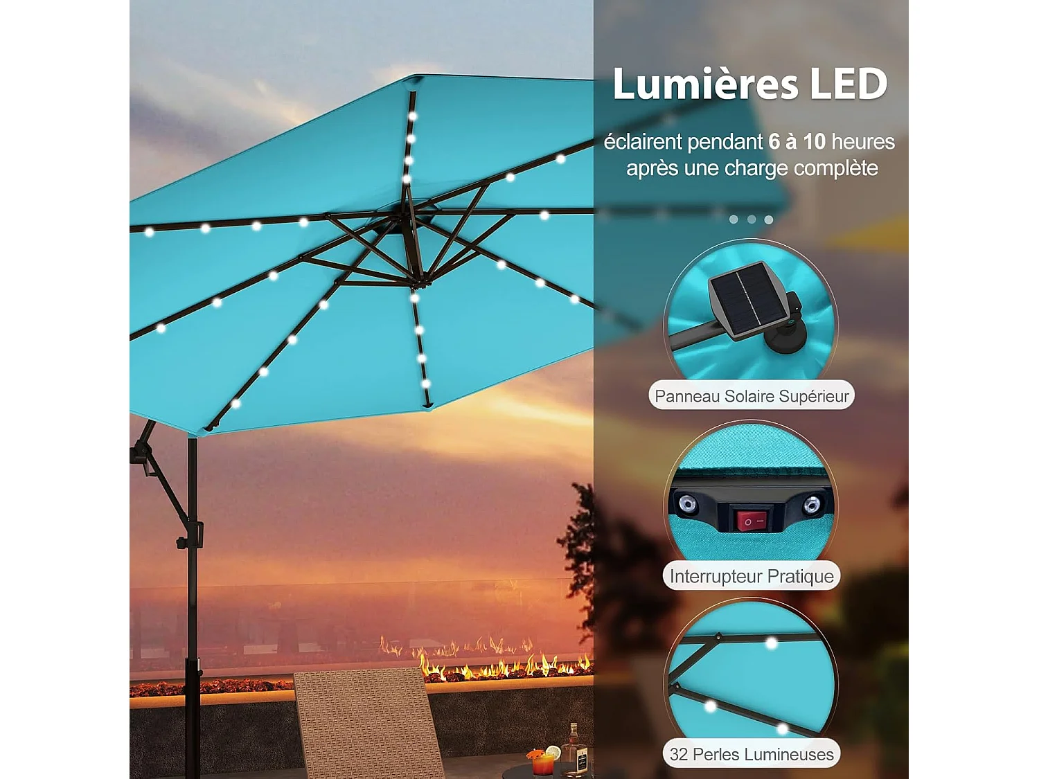 Parasol Déporté Excentré 3M, 32 LED Solaire, Inclinable et Rotation à 360°, 8 Baleines, Base Croisée, Parasol à Manivelle pour Jardin, Terrasse, Piscine (Turquoise)