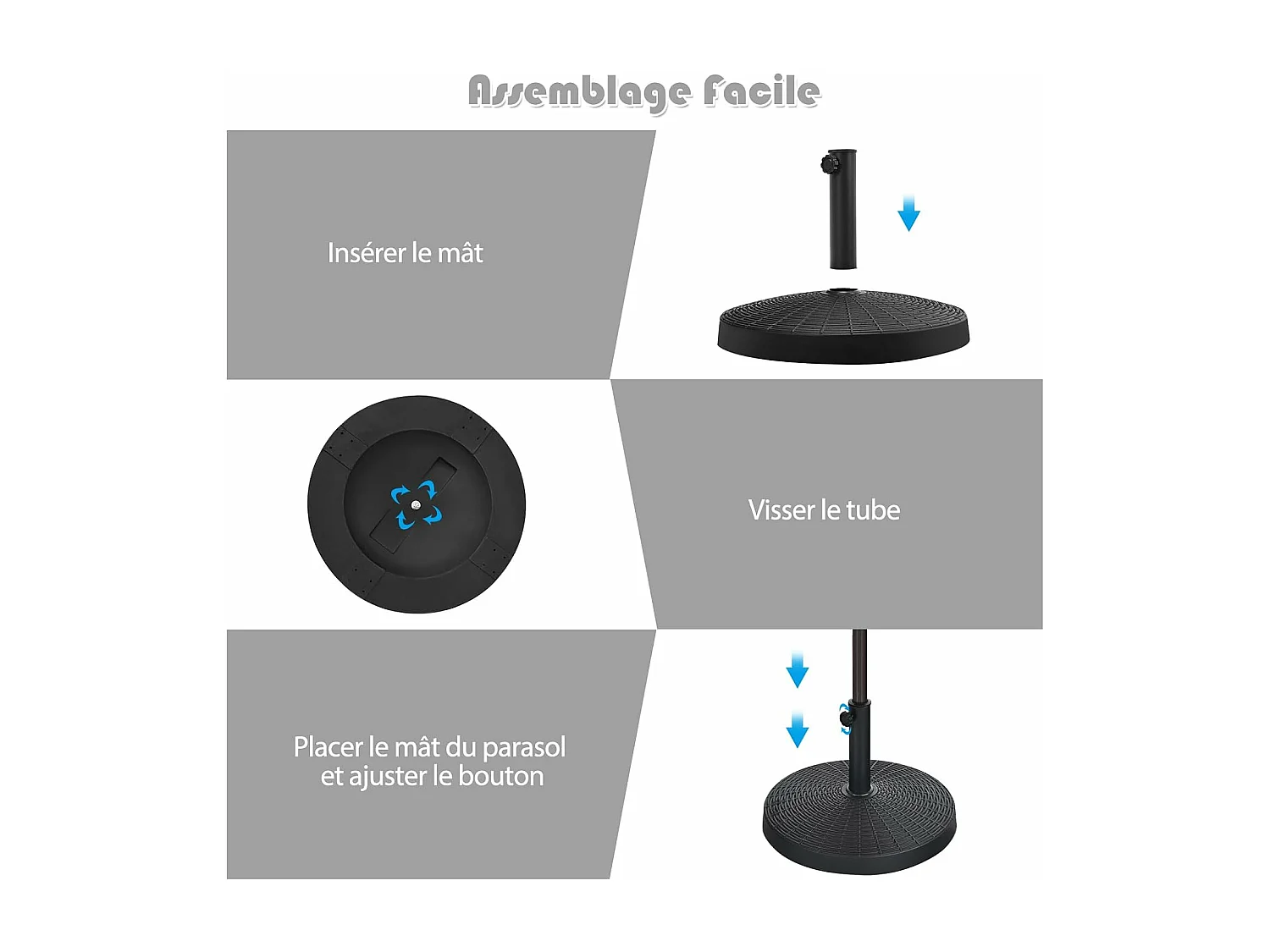 Pied de Parasol 22 KG, Base de Parasol en Résine, Support de Parasol d'Extérieur, Étanche et et Protection Solaire, Bouton Réglable, Adapté aux Parasols de 38/48 mm
