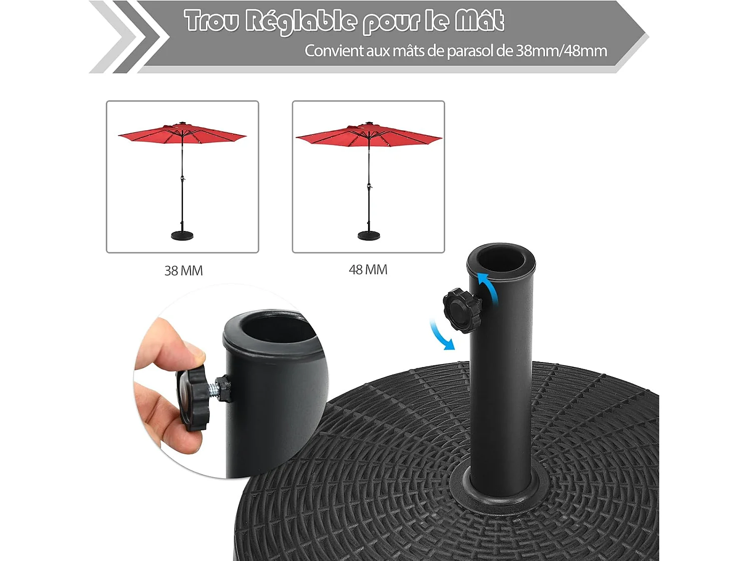 Pied de Parasol 22 KG, Base de Parasol en Résine, Support de Parasol d'Extérieur, Étanche et et Protection Solaire, Bouton Réglable, Adapté aux Parasols de 38/48 mm