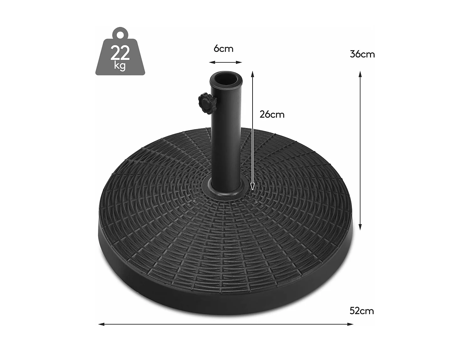 Pied de Parasol 22 KG, Base de Parasol en Résine, Support de Parasol d'Extérieur, Étanche et et Protection Solaire, Bouton Réglable, Adapté aux Parasols de 38/48 mm