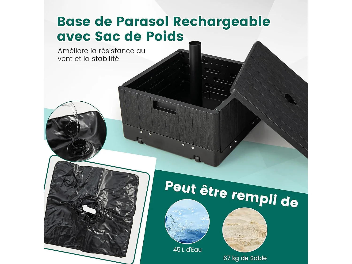 Vierkante parasolstandaard, HDPE parasolvoet met tafelblad, praktische parasolstandaard met wielen en handgrepen, laadvermogen 55 liter water of 80 kg zand