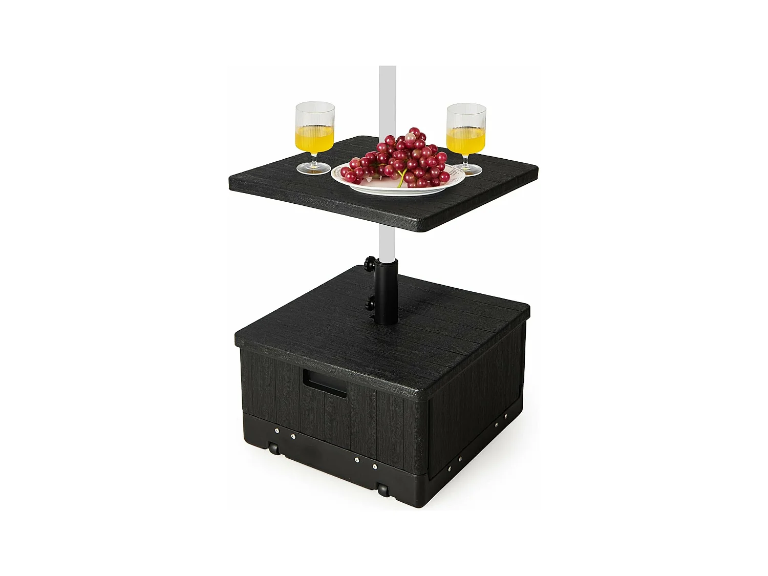 Pied de Parasol Carré, Base de Parasol en HDPE avec Plateau de Table, Support de Parasol Pratique avec Roues et Poignées, Charge 55 L d’Eau ou 80 KG de Sable