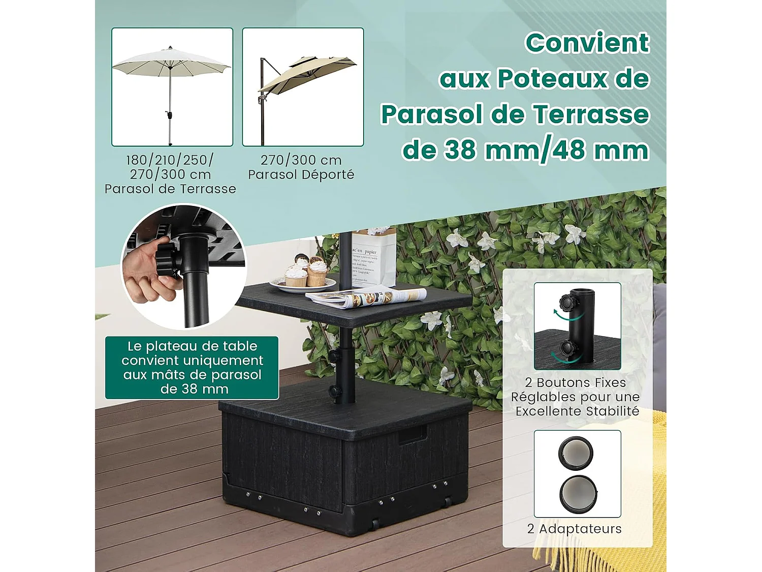 Pied de Parasol Carré, Base de Parasol en HDPE avec Plateau de Table, Support de Parasol Pratique avec Roues et Poignées, Charge 55 L d’Eau ou 80 KG de Sable