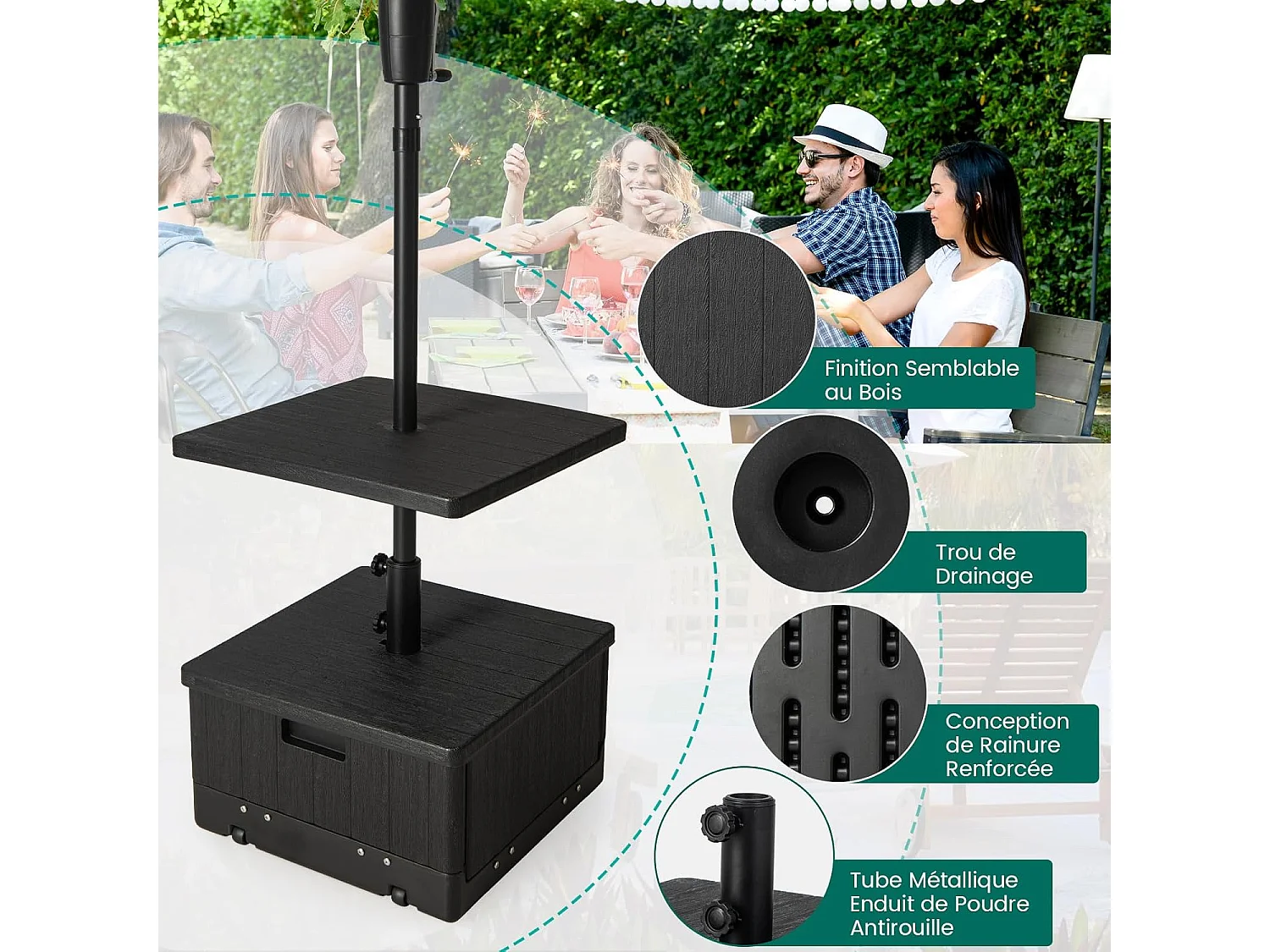 Pied de Parasol Carré, Base de Parasol en HDPE avec Plateau de Table, Support de Parasol Pratique avec Roues et Poignées, Charge 55 L d’Eau ou 80 KG de Sable