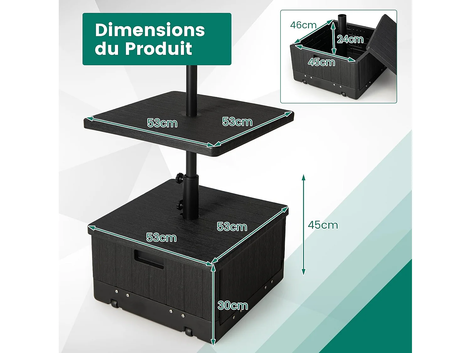 Pied de Parasol Carré, Base de Parasol en HDPE avec Plateau de Table, Support de Parasol Pratique avec Roues et Poignées, Charge 55 L d’Eau ou 80 KG de Sable