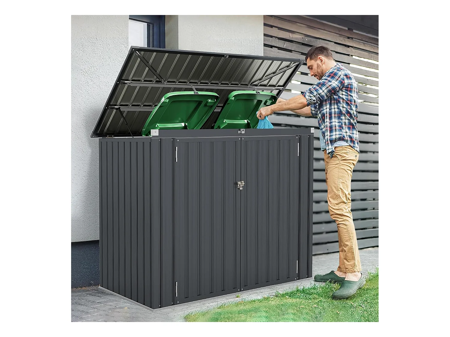 Abri de Jardin en Métal 1,5 m², Cabane Jardin Exterieur en Acier Galvanisé avec Loquet, Toit Relevable par Tige à Gaz, 2 Portes, 4 Gants, 2 Trous d’Aérations