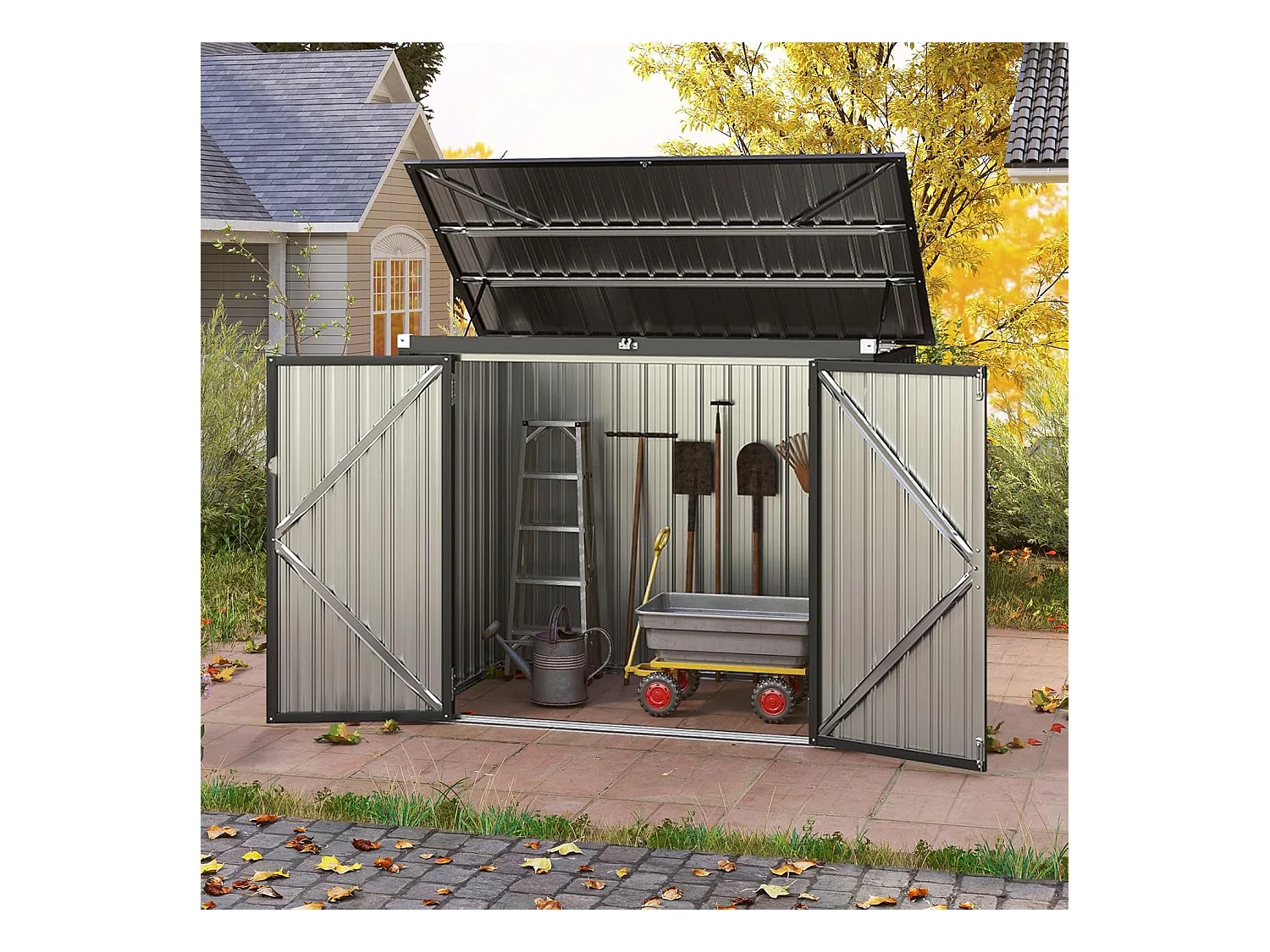 Abri de Jardin en Métal 1,5 m², Cabane Jardin Exterieur en Acier Galvanisé avec Loquet, Toit Relevable par Tige à Gaz, 2 Portes, 4 Gants, 2 Trous d’Aérations