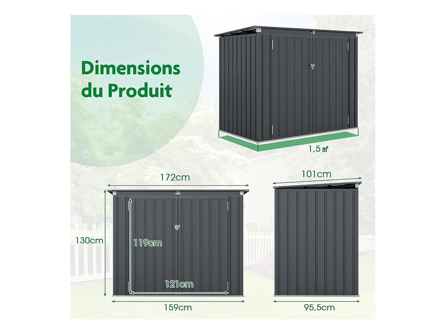 Abri de Jardin en Métal 1,5 m², Cabane Jardin Exterieur en Acier Galvanisé avec Loquet, Toit Relevable par Tige à Gaz, 2 Portes, 4 Gants, 2 Trous d’Aérations