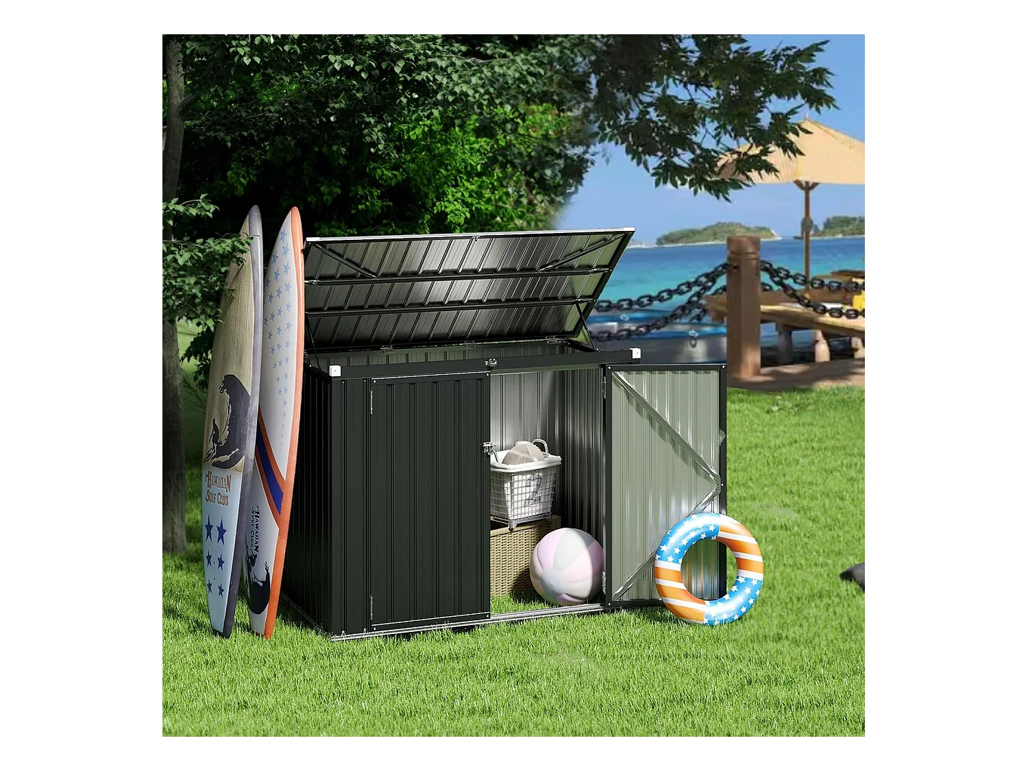 Abri de Jardin en Métal 1,5 m², Cabane Jardin Exterieur en Acier Galvanisé avec Loquet, Toit Relevable par Tige à Gaz, 2 Portes, 4 Gants, 2 Trous d’Aérations