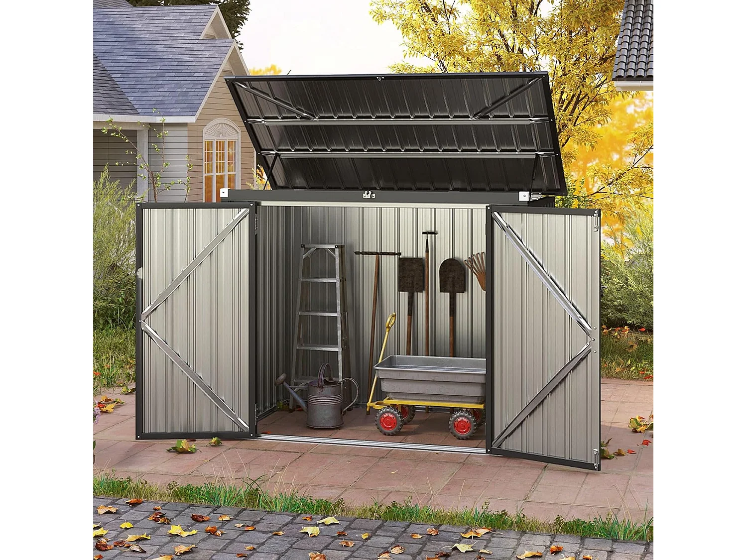 Abri de Jardin en Métal 1,5 m², Cabane Jardin Exterieur en Acier Galvanisé avec Loquet, Toit Relevable par Tige à Gaz, 2 Portes, 4 Gants, 2 Trous d’Aérations