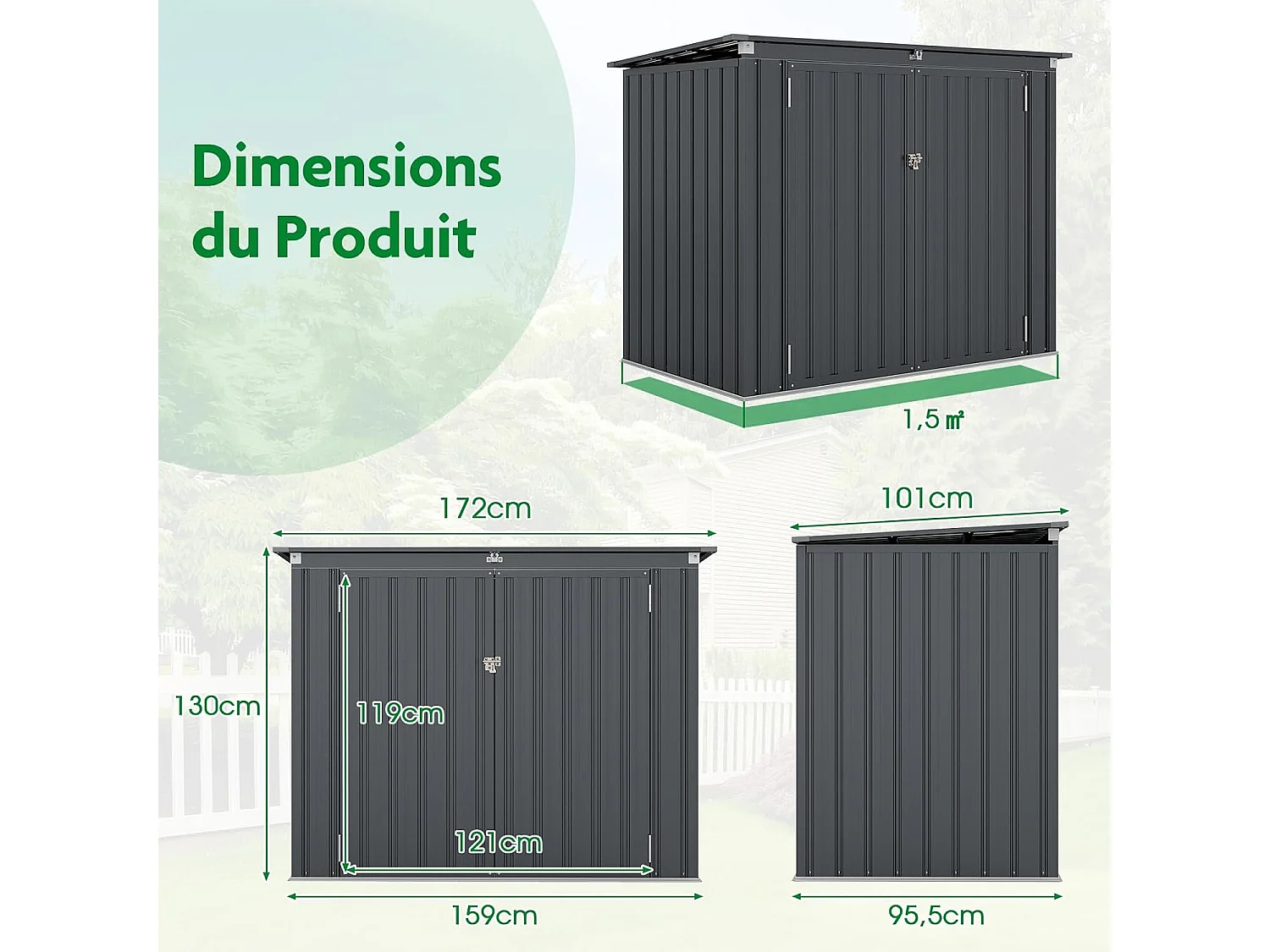 Abri de Jardin en Métal 1,5 m², Cabane Jardin Exterieur en Acier Galvanisé avec Loquet, Toit Relevable par Tige à Gaz, 2 Portes, 4 Gants, 2 Trous d’Aérations