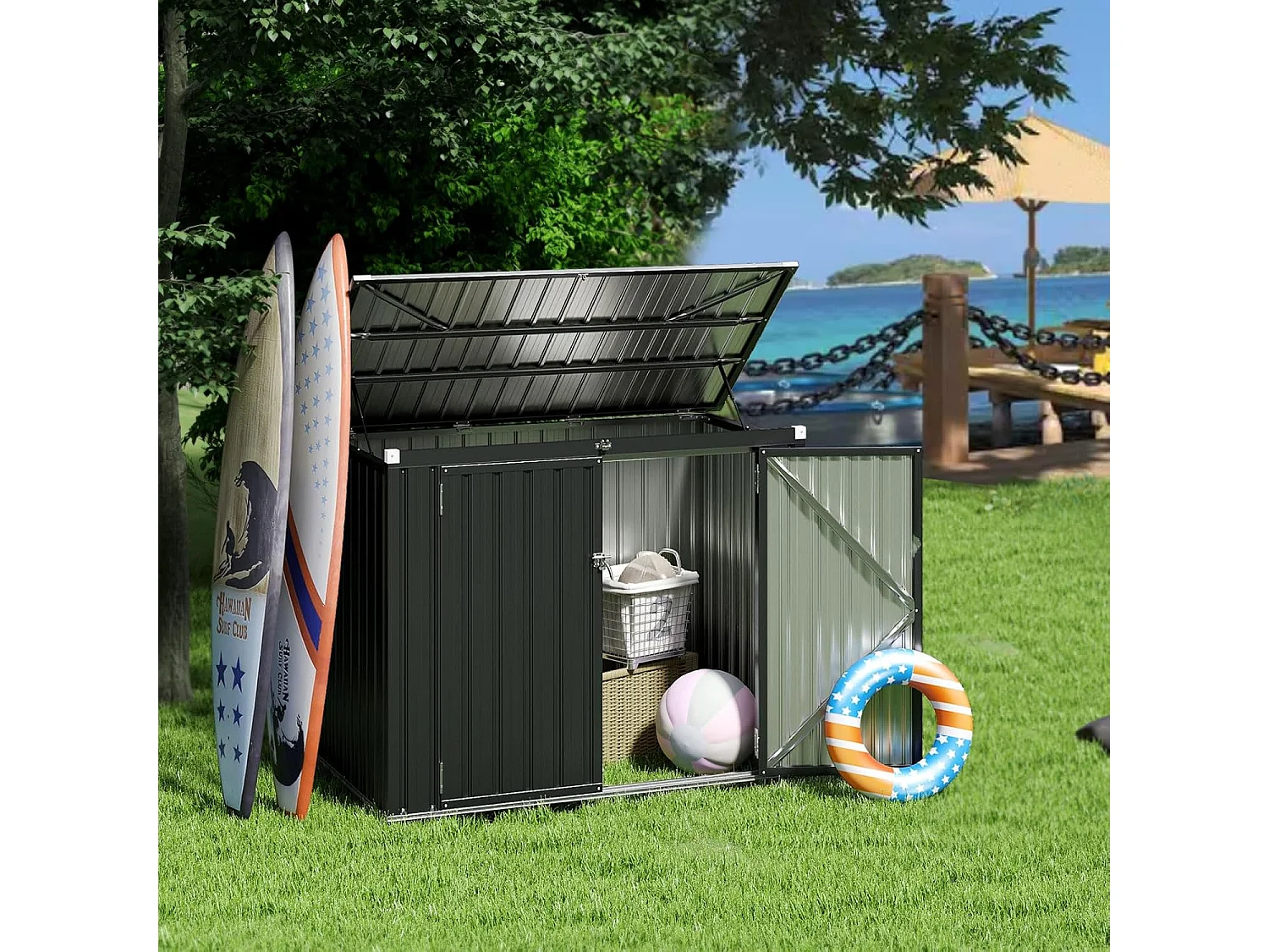 Abri de Jardin en Métal 1,5 m², Cabane Jardin Exterieur en Acier Galvanisé avec Loquet, Toit Relevable par Tige à Gaz, 2 Portes, 4 Gants, 2 Trous d’Aérations