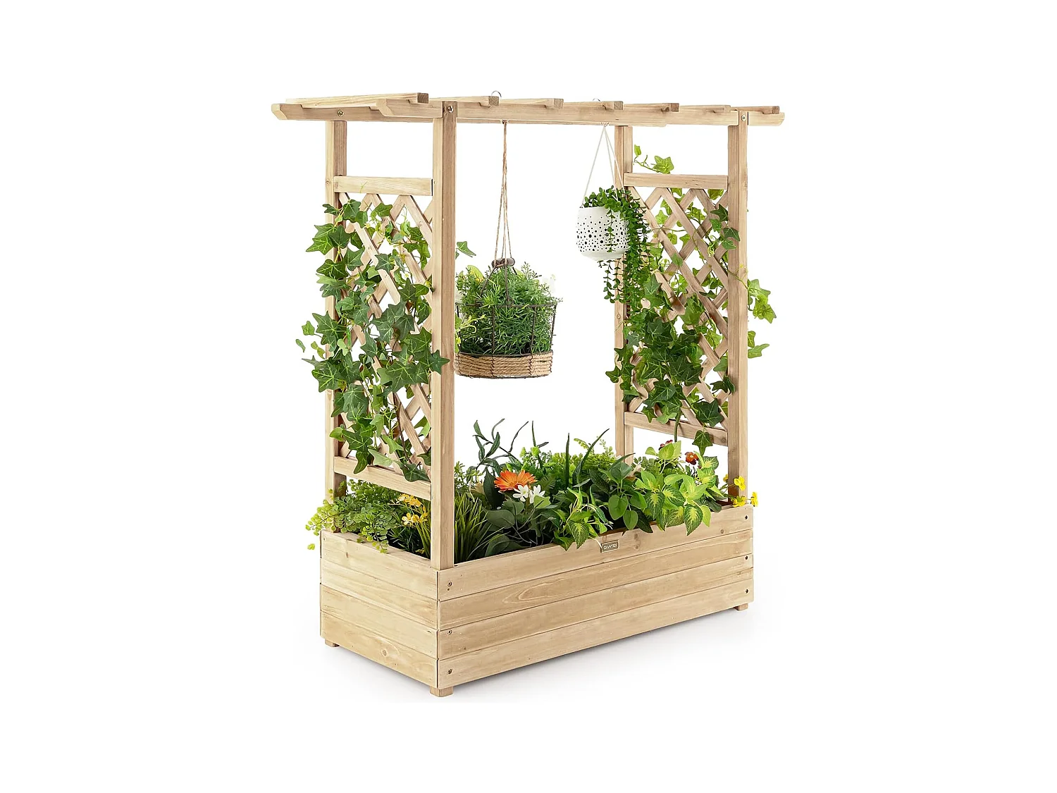 Jardinière avec 2 Treillis Latéraux Toit Suspendu en Bois de Sapin avec Trou de Drainage, Lit de Jardin Résistance aux Intempéries, Naturel (110 x 44 x 113,5 cm)