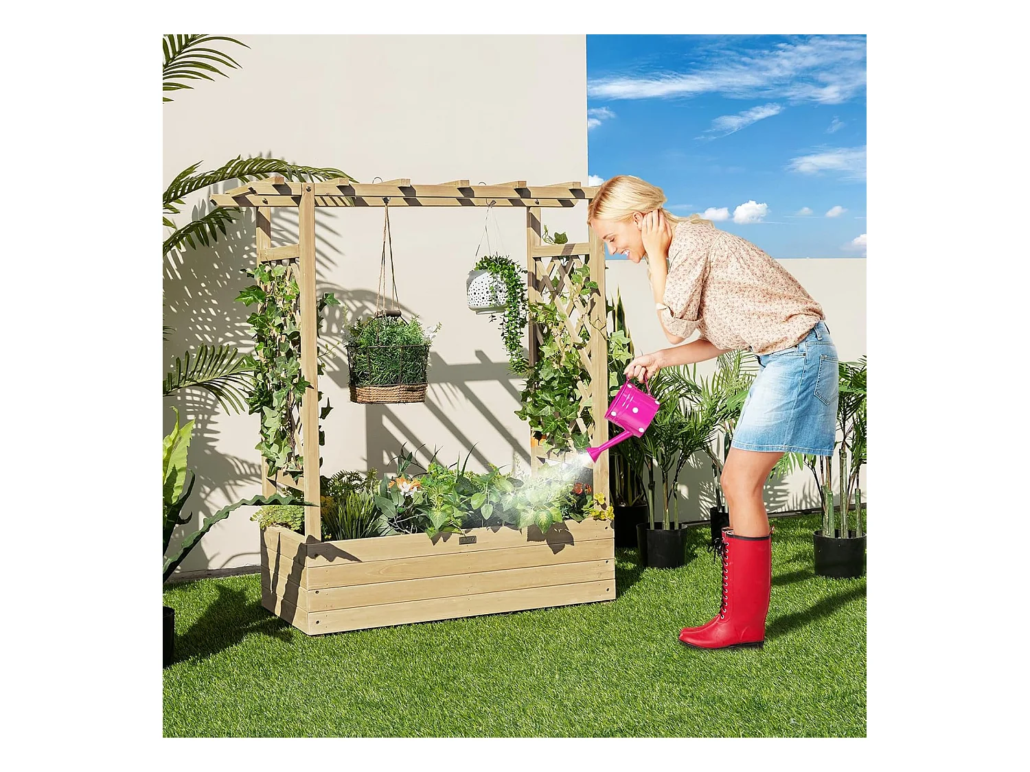 Jardinière avec 2 Treillis Latéraux Toit Suspendu en Bois de Sapin avec Trou de Drainage, Lit de Jardin Résistance aux Intempéries, Naturel (110 x 44 x 113,5 cm)