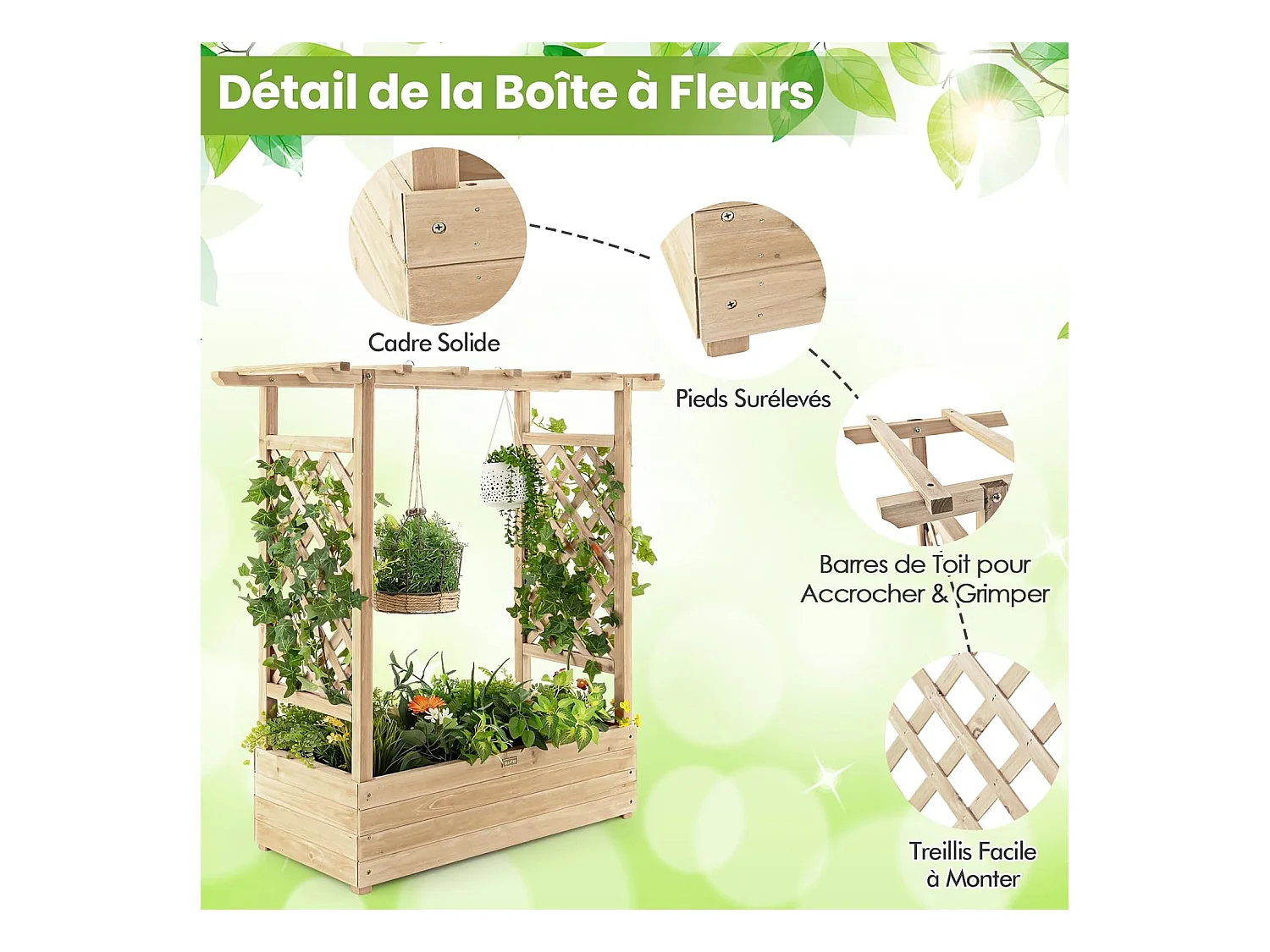 Jardinière avec 2 Treillis Latéraux Toit Suspendu en Bois de Sapin avec Trou de Drainage, Lit de Jardin Résistance aux Intempéries, Naturel (110 x 44 x 113,5 cm)