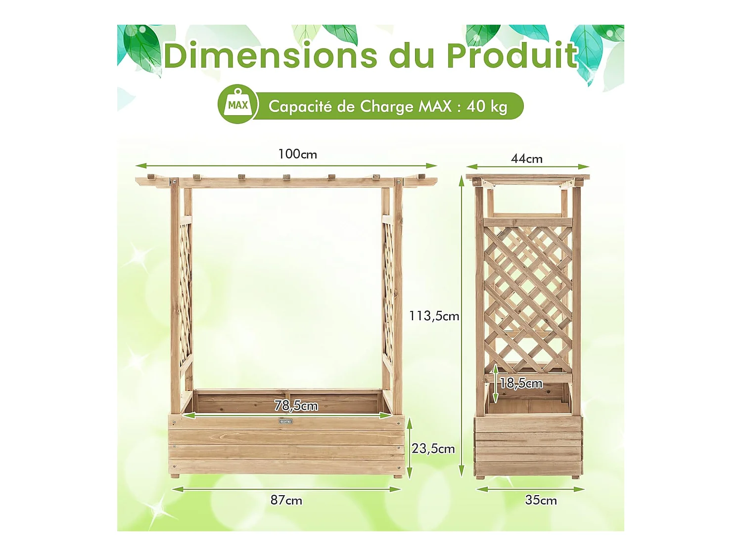 Jardinière avec 2 Treillis Latéraux Toit Suspendu en Bois de Sapin avec Trou de Drainage, Lit de Jardin Résistance aux Intempéries, Naturel (110 x 44 x 113,5 cm)