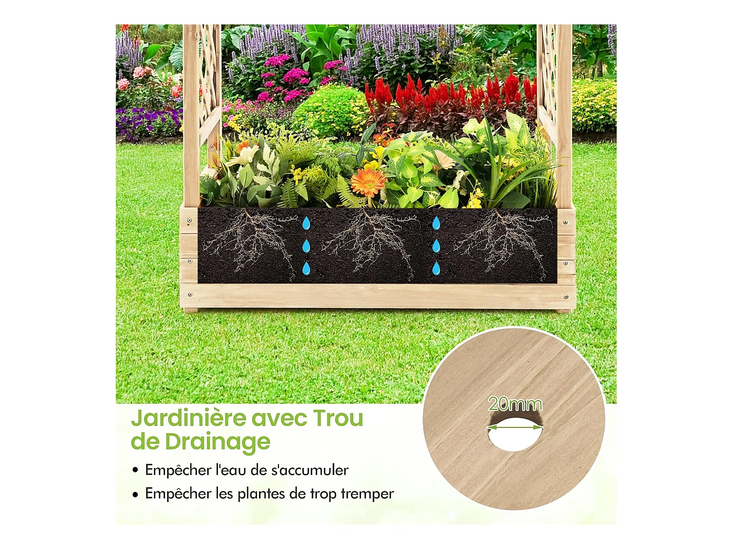 Jardinière avec 2 Treillis Latéraux Toit Suspendu en Bois de Sapin avec Trou de Drainage, Lit de Jardin Résistance aux Intempéries, Naturel (110 x 44 x 113,5 cm)