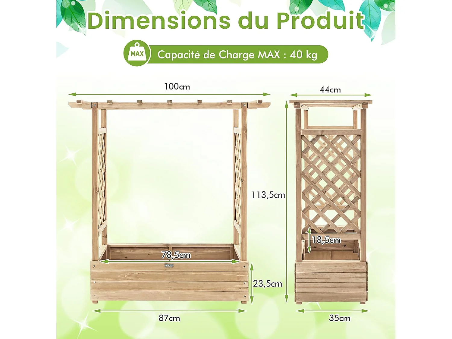 Jardinière avec 2 Treillis Latéraux Toit Suspendu en Bois de Sapin avec Trou de Drainage, Lit de Jardin Résistance aux Intempéries, Naturel (110 x 44 x 113,5 cm)