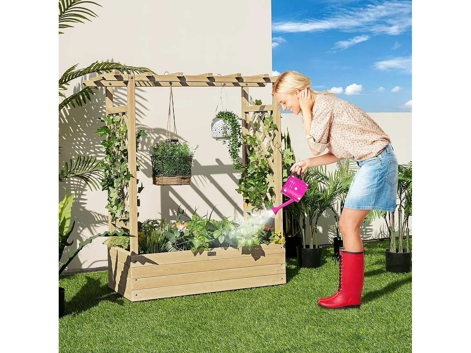 Jardinière avec 2 Treillis Latéraux Toit Suspendu en Bois de Sapin avec Trou de Drainage, Lit de Jardin Résistance aux Intempéries, Naturel (110 x 44 x 113,5 cm)