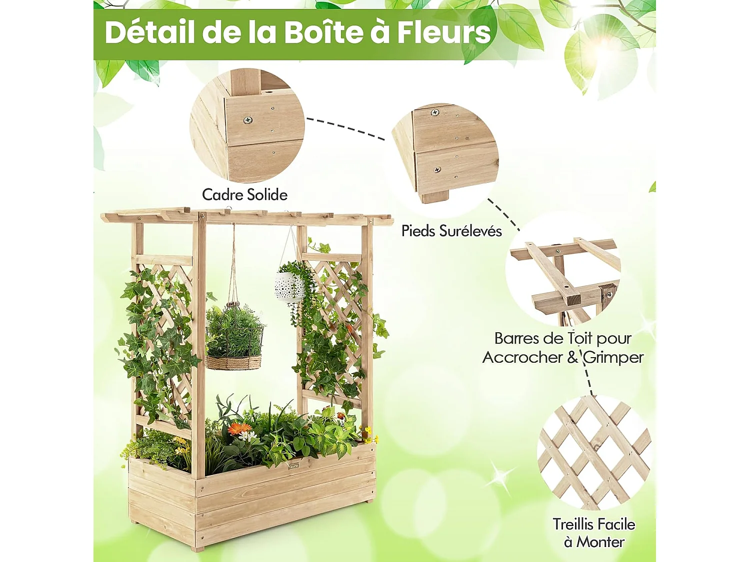 Jardinière avec 2 Treillis Latéraux Toit Suspendu en Bois de Sapin avec Trou de Drainage, Lit de Jardin Résistance aux Intempéries, Naturel (110 x 44 x 113,5 cm)