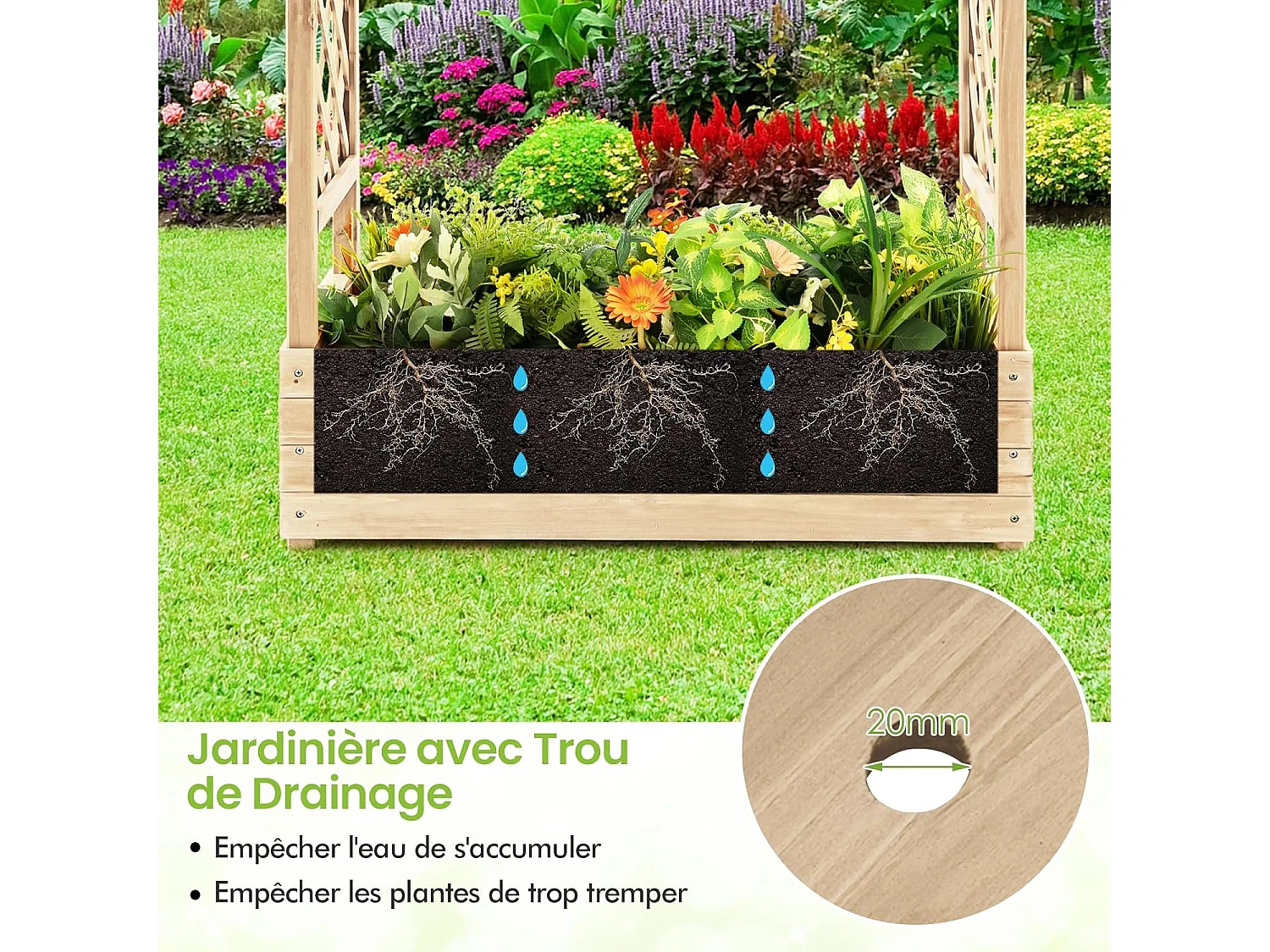 Jardinière avec 2 Treillis Latéraux Toit Suspendu en Bois de Sapin avec Trou de Drainage, Lit de Jardin Résistance aux Intempéries, Naturel (110 x 44 x 113,5 cm)