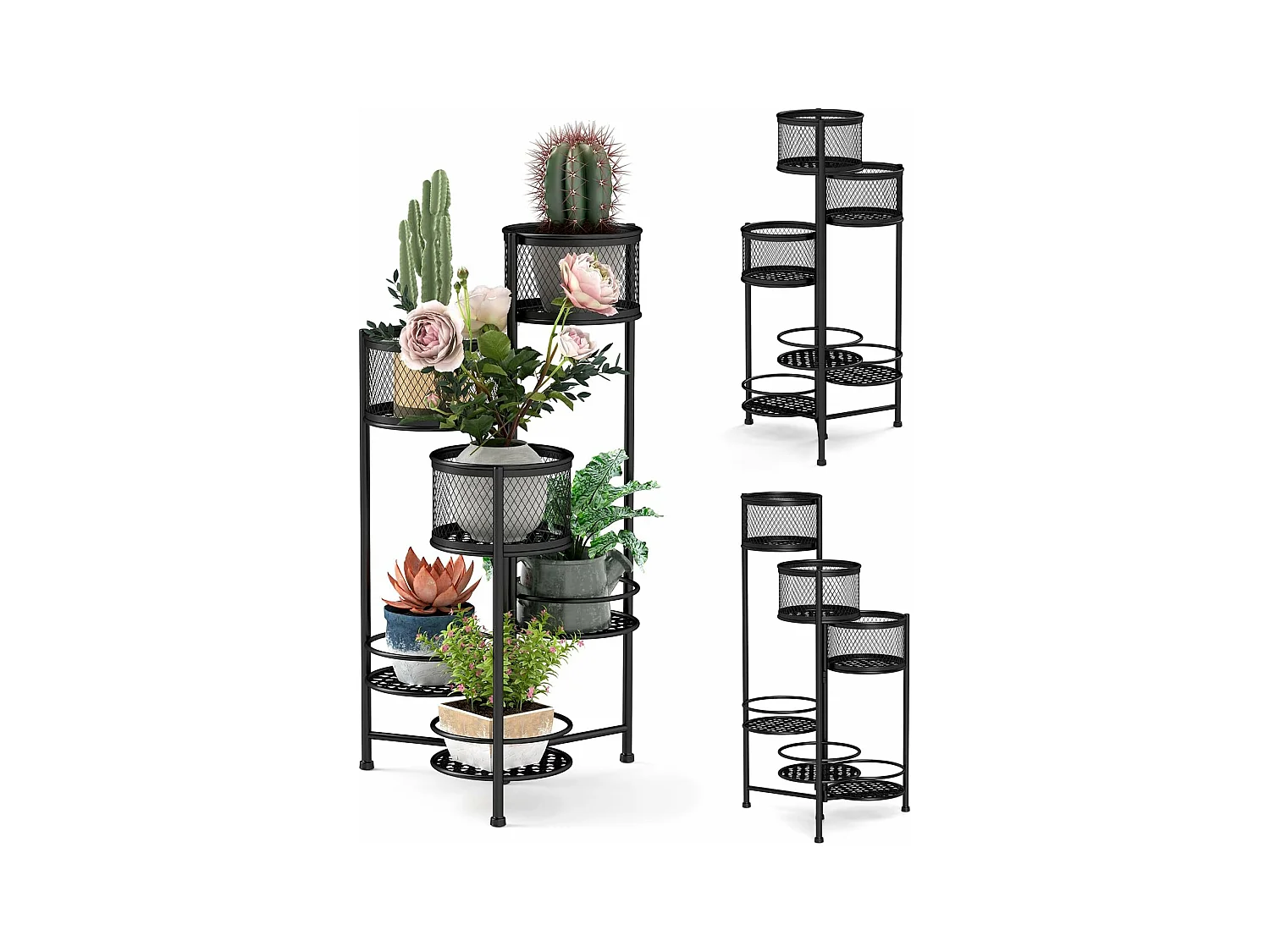 Support de Plantes Pliant en Métal 6 Niveaux Dorées Charge 10KG, Support de Pot de Fleurs avec 3 Pots et 3 Plateaux Ajourés, 41 x 39 x 82 cm (Noir)