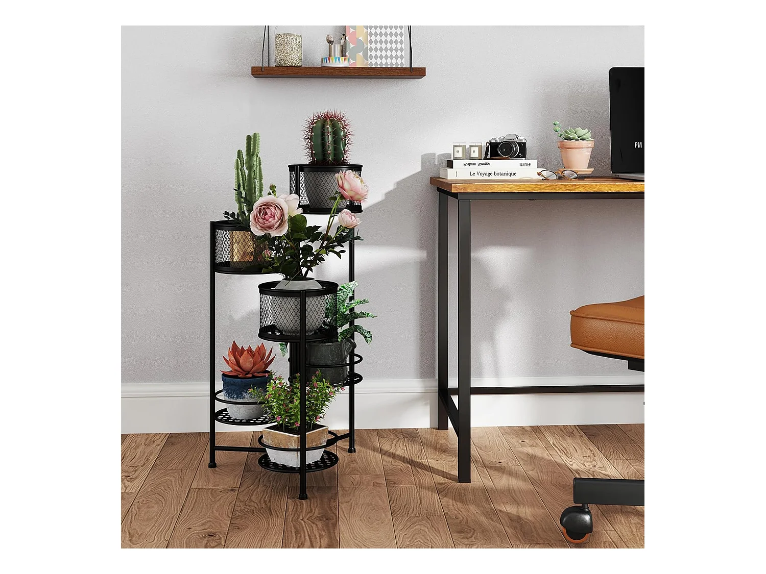 Support de Plantes Pliant en Métal 6 Niveaux Dorées Charge 10KG, Support de Pot de Fleurs avec 3 Pots et 3 Plateaux Ajourés, 41 x 39 x 82 cm (Noir)
