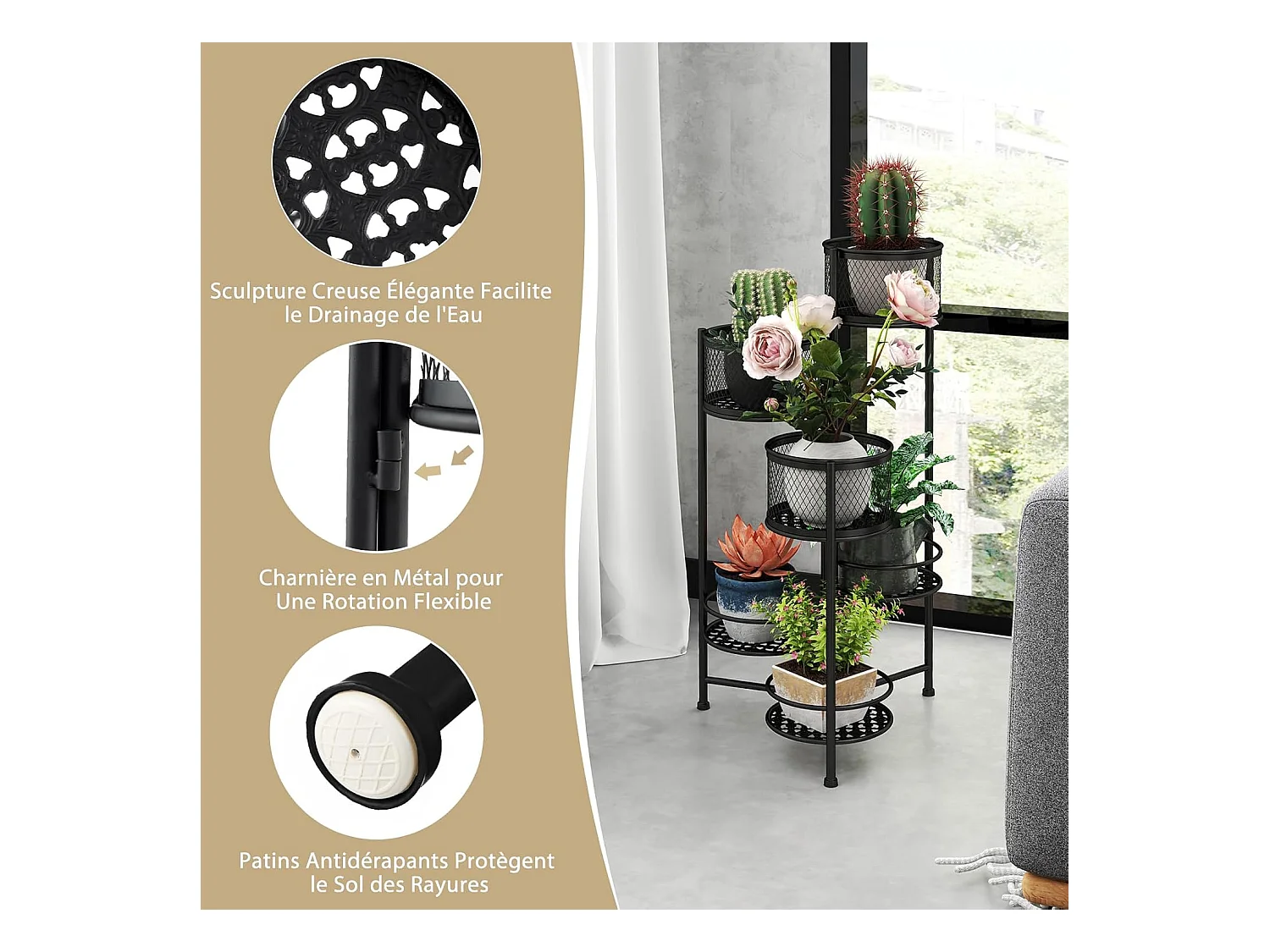 Support de Plantes Pliant en Métal 6 Niveaux Dorées Charge 10KG, Support de Pot de Fleurs avec 3 Pots et 3 Plateaux Ajourés, 41 x 39 x 82 cm (Noir)