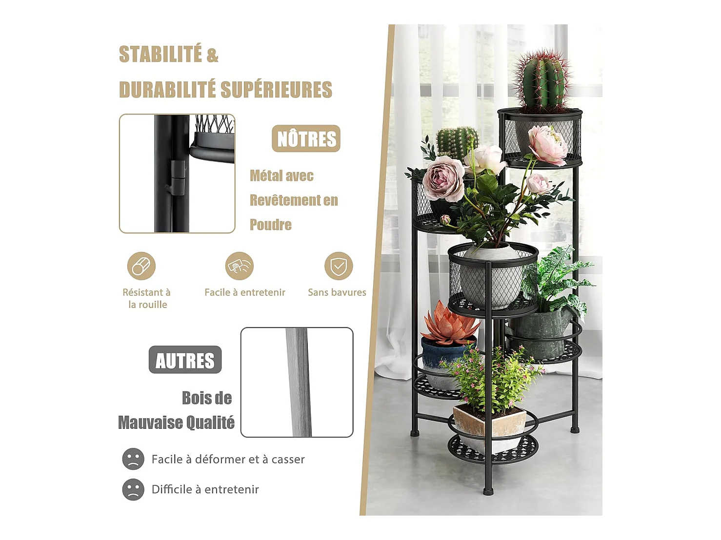 Support de Plantes Pliant en Métal 6 Niveaux Dorées Charge 10KG, Support de Pot de Fleurs avec 3 Pots et 3 Plateaux Ajourés, 41 x 39 x 82 cm (Noir)