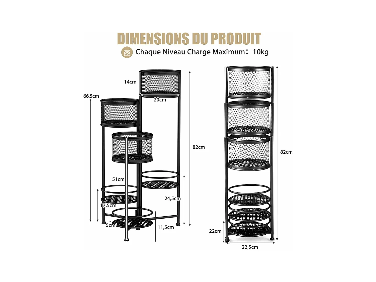 Support de Plantes Pliant en Métal 6 Niveaux Dorées Charge 10KG, Support de Pot de Fleurs avec 3 Pots et 3 Plateaux Ajourés, 41 x 39 x 82 cm (Noir)